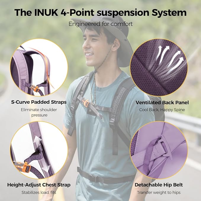 INUK Laptop Backpack for College Students & Work, 25L Lightweight Waterproof Backpack for Business Travel, Hiking Daypack with Padded Sleeve and Safety Whistle, Made from Recycled Materials，Purple