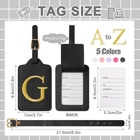 Personalized Initial Luggage Tags for Suitcase TSA Approved, Black Leather Cute Luggage Tag with Privacy Cover Name Card, Embroidered Custom Luggage Tags Travel Backpack Tags Gifts for Women Kids(G)