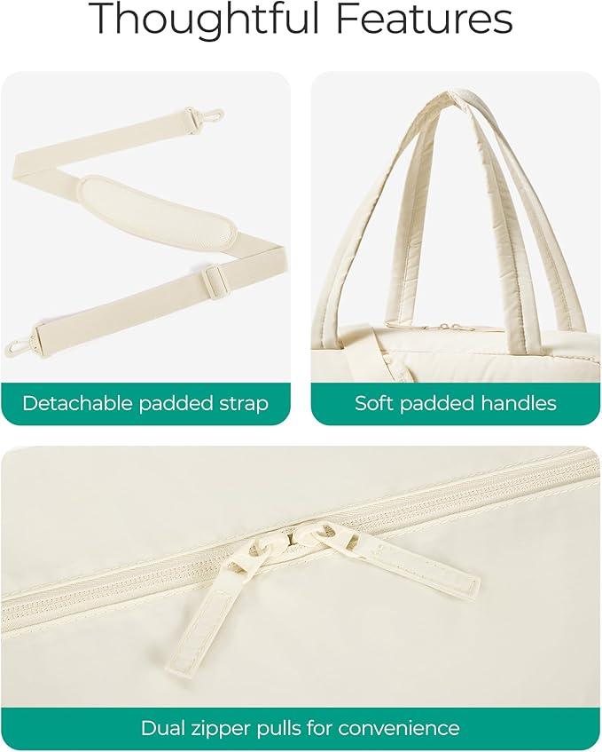 BAGSMART Gym Bag for Women, Lightweight Puffer Duffle Bag 2-PC Travel Bag, 31L Weekender Overnight Bag Quilted Carry On Tote Bag, Diaper Hospital Dance bag for Travel, Gym, Water Resistant, Beige