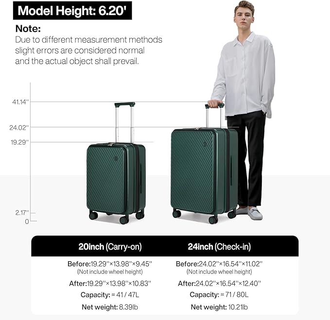 mixi 24 Inch Large Expandable Checked Luggage PC Hard Shell Suitcase Top Opening Rolling Travel Suitcases with Spinner Wheels & TSA Lock, Blackish Green