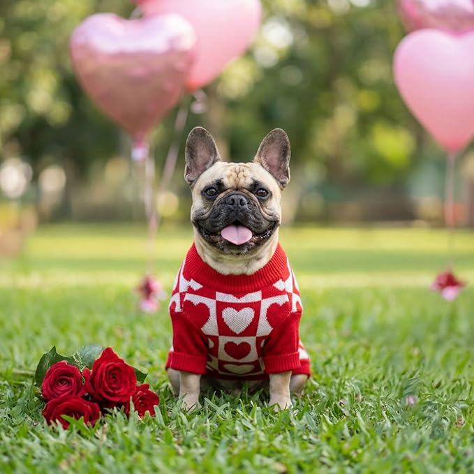 Fitwarm Checkered Heart Dog Sweater, Cozy Valentines Outfit for Small Dogs Girl, Festive Pet Clothes, Red, White, Medium