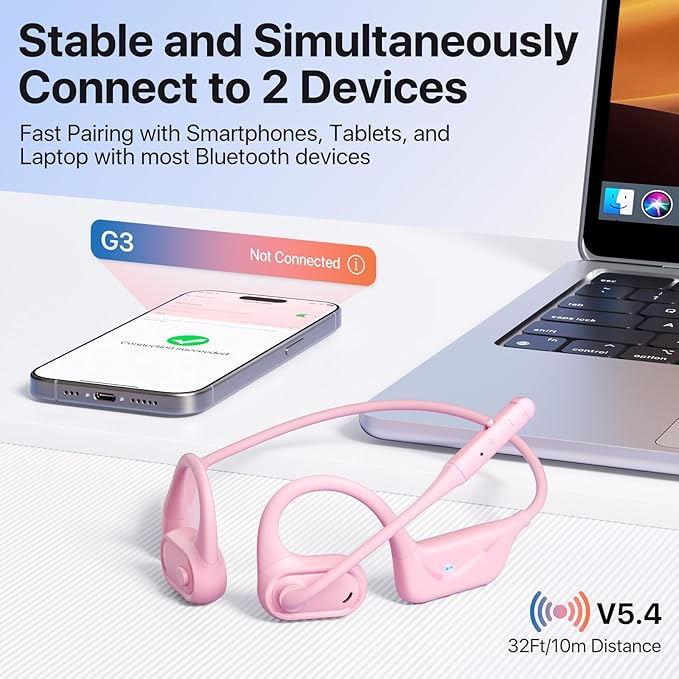 Open Ear Headphones with Mic, 29g Bluetooth Headset, Sweat Resistant,12Hrs, Dual Connect, Wireless Bluetooth Headphones with Noise Cancelling Microphone & Mute, for Work, Workout, Driving, Call, Pink