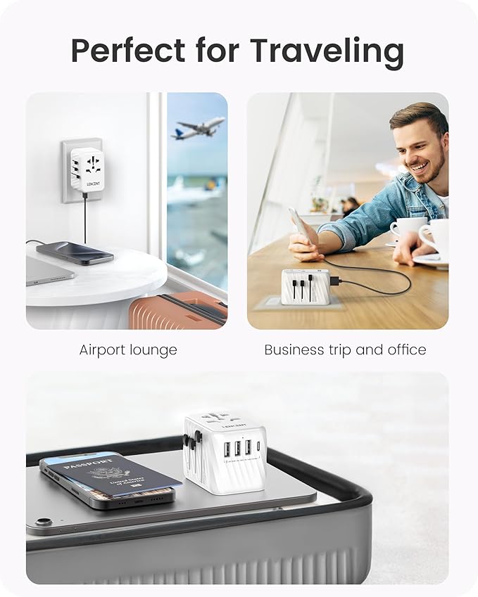 LENCENT Universal Travel Power Adapter, International AC Plug Adaptor with 3 USB A Ports 1 Type C PD Wall Charger Worldwide Travel Essentials for US to EU UK Ireland Australia (Type C/G/A/I) White