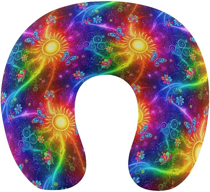 Breathable Memory Foam Travel Pillow U Shaped Chin Head Support Acid Color Trippy Colorful Sun Butterfly Florals, Removable Washable Cover for Airplane Car Office Pain Relief