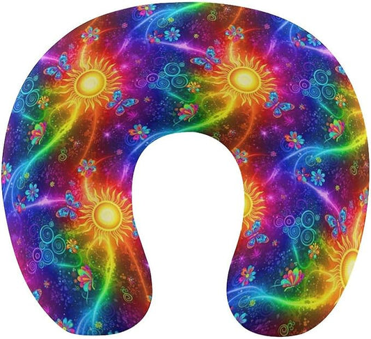 Breathable Memory Foam Travel Pillow U Shaped Chin Head Support Acid Color Trippy Colorful Sun Butterfly Florals, Removable Washable Cover for Airplane Car Office Pain Relief