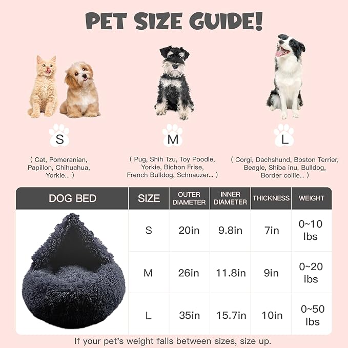 Himax Dog Beds for Small Dogs, Donut Dogs Beds with Blanket Attached, Calming Dog Bed Washable (20"/26"/35") Grey