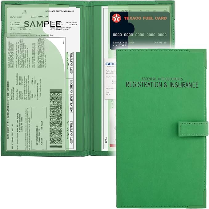 Auto Insurance and Registration Card Holder - Vehicle Glove Box Document Organizer - Car Essential Paperwork Holder for DMV, AAA, Contact Information Cards - Premium PU Leather Wallet Case - Green