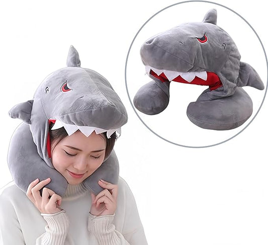 Cartoon Shark Animal Neck Pillow with Hood, U Shaped Soft Travel Airplane Neck Pillows, Office Neck Pillow, Anime Neck Pillows, Portable & Washable for Flights