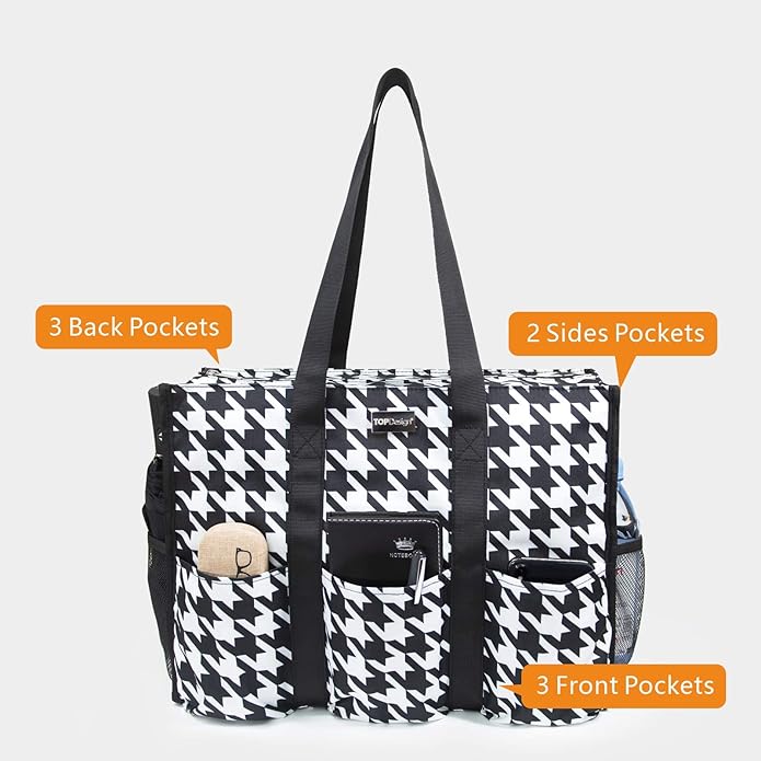 TOPDesign Utility Water Resistant Tote Bag with 13 Pockets, Top Zipper Closure & Thick Bottom Support, for Working Women