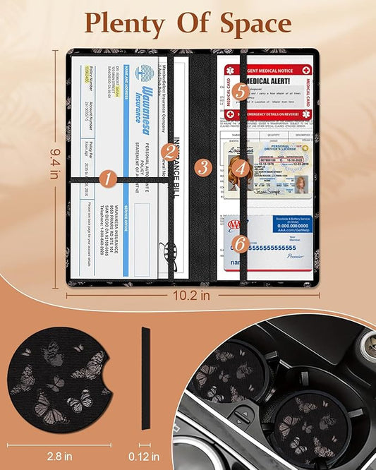 Slohif Car Registration and Insurance Holder - Butterfly Vehicle Glove Box Organizer Women with Magnetic Shut Leather Automobile License Holders Coasters Auto Accessories Case for Document