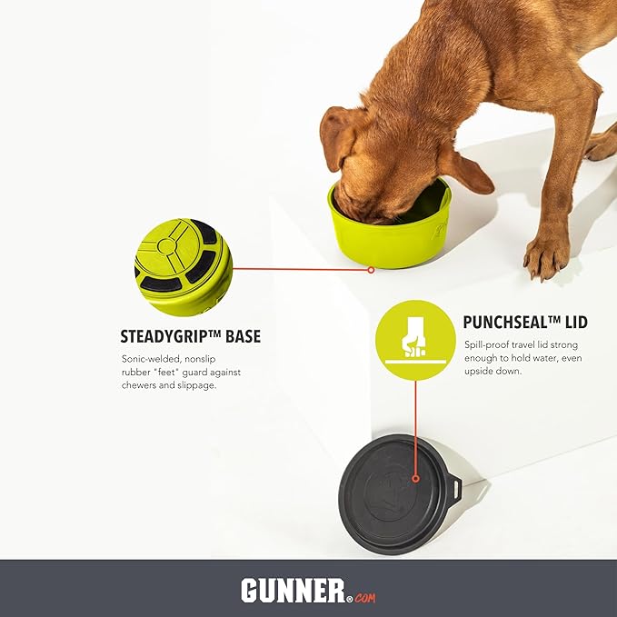 GUNNER Dog Bowl with Spill-Proof Travel Lid – 7.5" x 3.75", 1.3 lb, 7-Cup Capacity, BPA-Free, Rust-Proof, Shock-Resistant, Stackable, Dishwasher Safe, Leak-Resistant Nesting Lid – Yellow Green