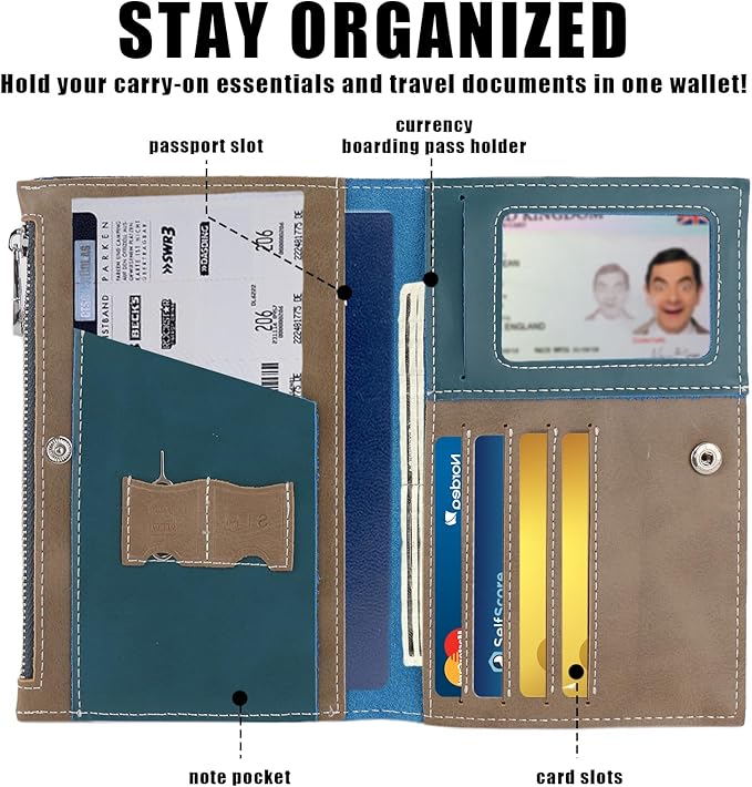 Real Leather Wallet Slim RFID Blocking Passport Holder Travel Document Organizer Blue (Dark Blue)