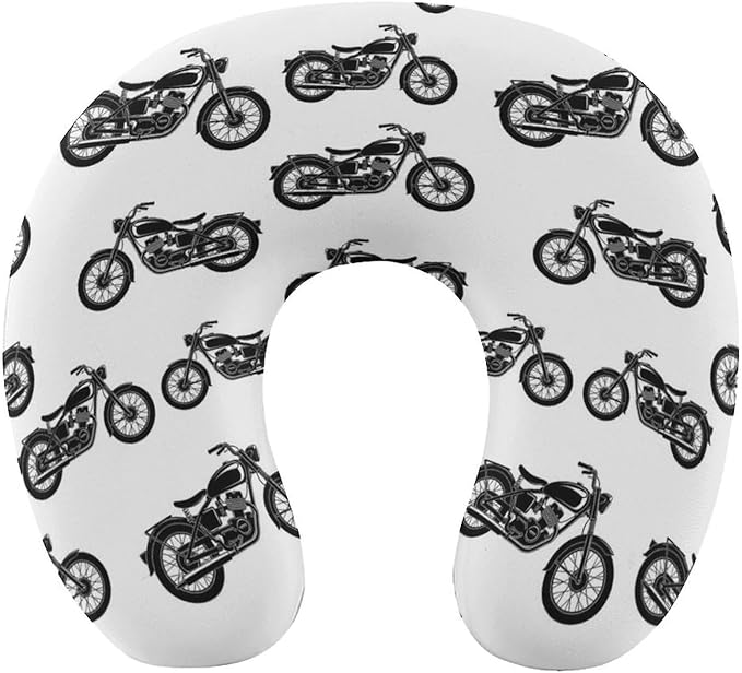 Memory Foam U-Shaped Travel Pillow Neck Pain Relief, Cool Crazy Antique Motorcycle Pattern U-Shape, Removable Cover Airplane Car Office