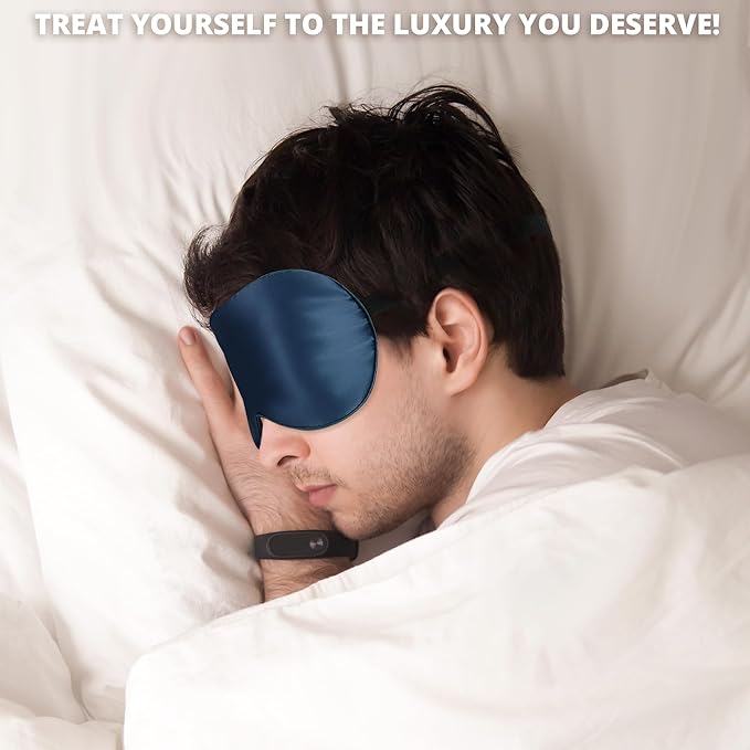 Silk Sleep Mask 100% 22 Momme Mulberry, Sleep Eye Mask for Women Men, Blackout Blindfold with Adjustable Strap, Side Sleeper Eye Cover, Soft Eyeshade Filled with Premium Mulberry Silk (Blue)