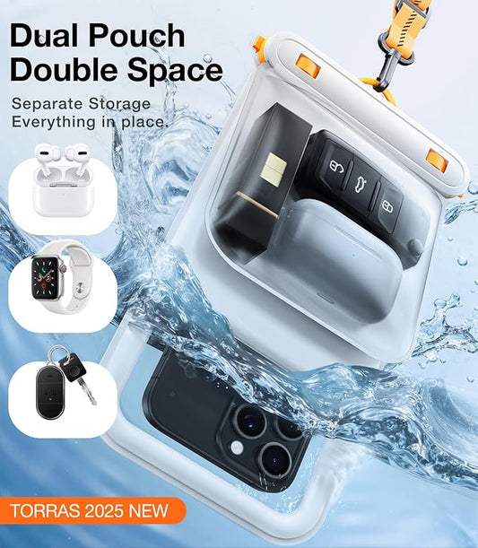 TORRAS IP68 Waterproof Phone Pouch Double Space, Floating Waterproof Phone Case with Lanyard for iPhone 17 Pro Max 16 15 14 S25 S24, Phone Dry Bag Vacation Cruise Ship Travel Essentials 7.0'', White