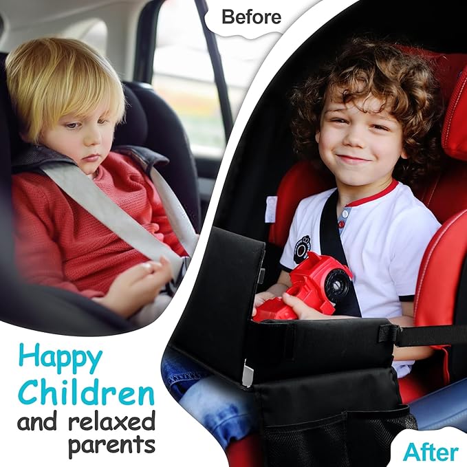 Julaiwy Kids Travel Tray for Car Seat, Carseat Table Tray for Kids Road Trip Activities, Car Trays for Kid Roadtrip Essentials, Toddler Lap Desk Organizer for Airplane - Black