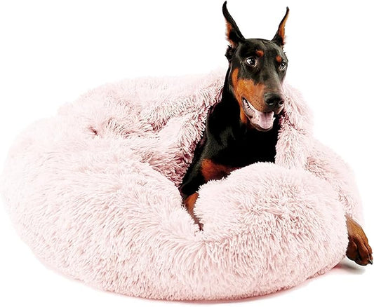 Himax Dog Beds for Large Dogs, Comfort Dogs Bed with Blanket Attached, Calming Anti-Anxiety Fluffy Dog Bed Washable (20"/26"/35") Pink