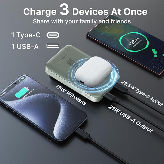 NOBIS A2641 Magnetic Power Bank, 10000mAh Wireless Portable Charger, 22.5W Magnetic Battery Pack with Stands,Magnetic Portable Charger with LED Display for iPhone 16 (Green, 22.5W)