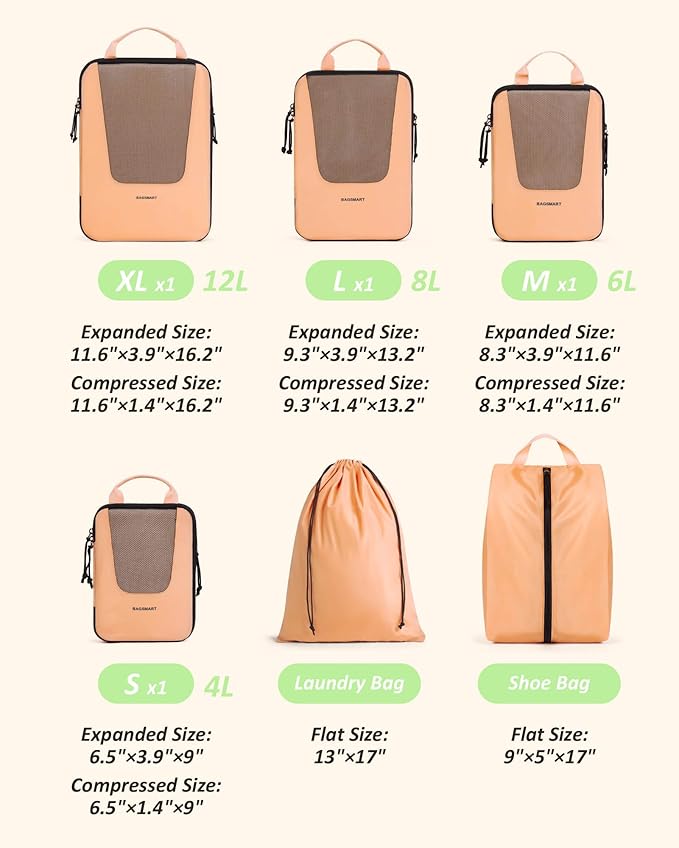 BAGSMART Compression Packing Cubes for Travel, 6 Set/5 Set/4 Set, Compression Suitcase Organizer Bags Set for Suitcases Travel Essentials, Lightweight Packing Organizers