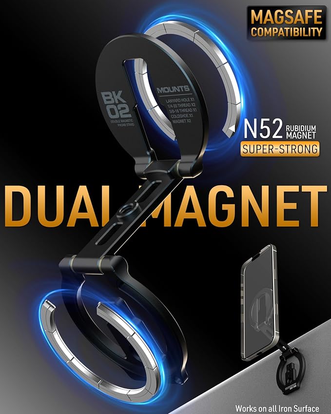 Dual Magnetic Phone Stand Holder Double Magnetic Phone Holder Ultrathin Foldable 1/4" Screw Tripod Mount for iPhone 16 15 14 13 12 Pro Max Plus Gym Magnet Phone Stand (Black)