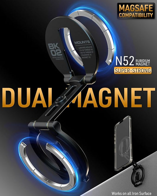 Dual Magnetic Phone Stand Holder Double Magnetic Phone Holder Ultrathin Foldable 1/4" Screw Tripod Mount for iPhone 16 15 14 13 12 Pro Max Plus Gym Magnet Phone Stand (Black)