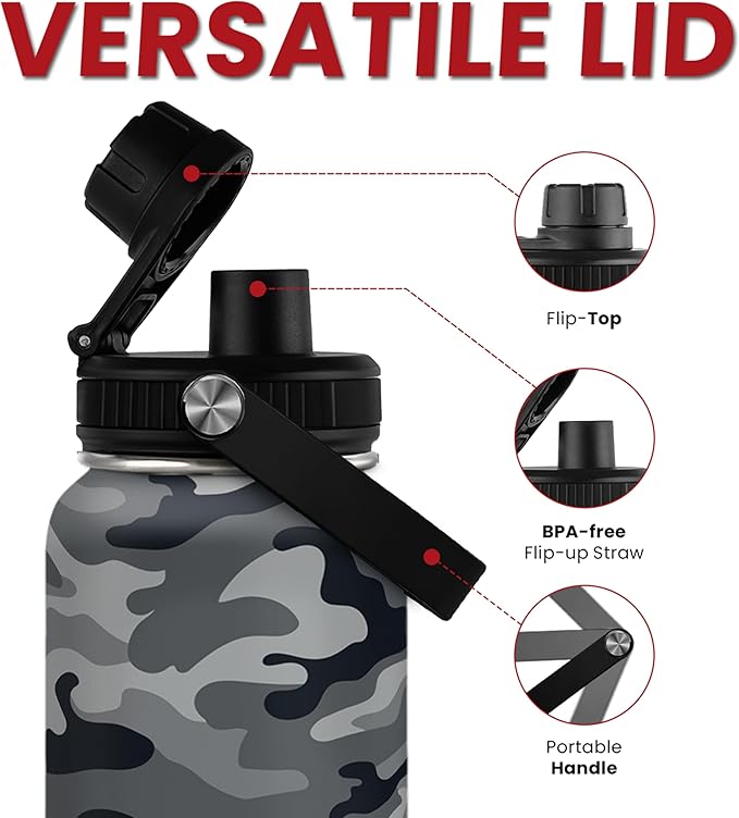 Camo Water Bottle - Camouflage Bottles 32oz Stainless Steel Insulated Sports Tumbler with Lid, Gifts for Men Veteran Hunting Lover Sport Outdoor Workout