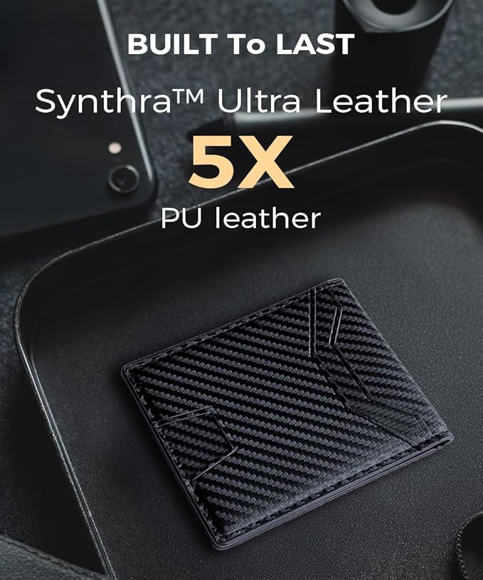 7Worldlet Slim RFID Blocking Wallets for Men Synthra™ Ultra Leather Bifold Minimalist Wallet 11 Cord Holder Thin Mens Wallet with Gift Box (Black+7Worldlet)