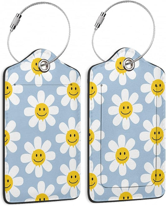2 Pack Luggage Tag for Suitcases Cute White Daisy Flowers PU Leather Bag Travel Suitcase ID Identifier Baggage Tags for Women Men Travel