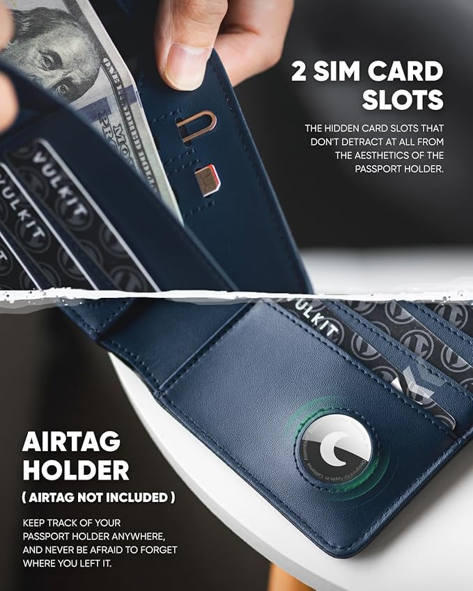 VULKIT Passport Holder with Airtag Holder RFID Blocking Passport Wallet Travel Leather Passport for Women(Black Navy)