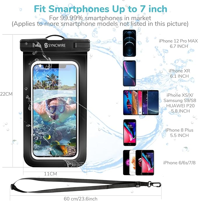 SYNCWIRE Waterproof Phone Pouch [2-Pack] - Universal IPX8 Waterproof Phone Case Dry Bag with Lanyard Compatible with iPhone 15/14/13/12/11 Pro Max SE XS XR X Samsung S23 S22 and More Up to 7 Inches