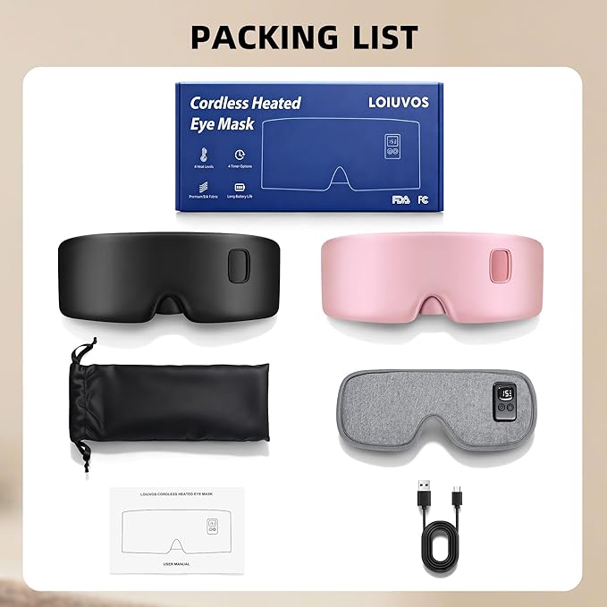 Heated Eye Mask for Dry Eyes, Cordless Warm Eye Compress 120-Min Battery, FSA - HSA Eligible, Eye Strain Relief, Washable Silk Travel Eye Mask with Extra Cover for Better Sleep (Pink & Black)