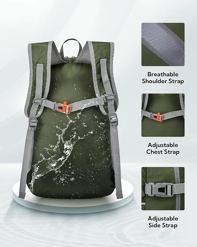 WATERFLY Hiking Packable Daypack Backpack: 25L Ultra Lightweight Day Pack for Woman Man - Small Compact Folding Back Pack for Outdoor Sport Cycling Camping Travel Trip - Green