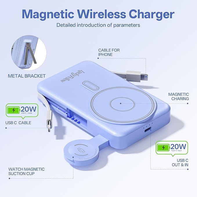 Magnetic Portable Charger Built-in Cables,10000mAh Fast Charging Wireless Charger Station External Battery Pack Slim Pocket Size Power Bank with Stand Compatible with iWatch, iPhone and Android Phones