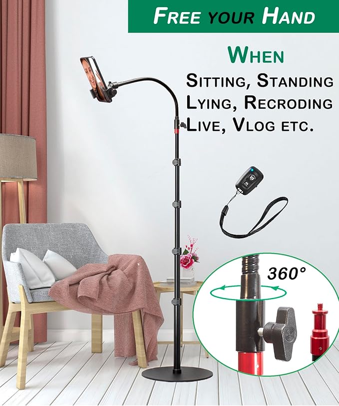 Tall Video Cell Phone Mount with Height Adjustable Stand, Heavy Base, 360 Head - Compatible with iPhone 16, 16 Pro Max, 16 Plus, 15, 14, 13