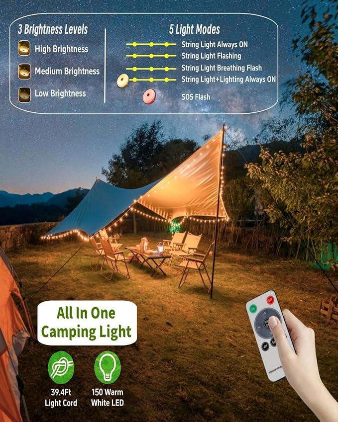 Solar Camping String Lights, 39.4 FT Fairy String Light, 4 in 1 Portable Waterproof Camp Lamp with 8 Lighting Modes, Hanging Rechargeable Tent Lantern for Christmas Decorations Patio Party Essentials