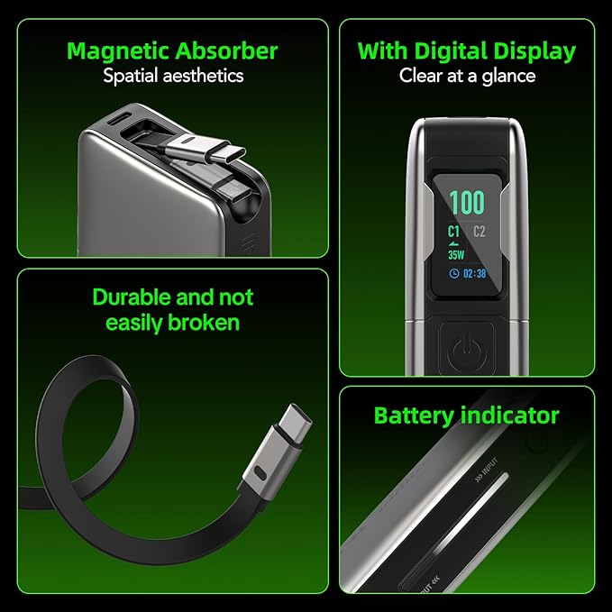 MFish 10000mAh Portable Charger, 45W PD Fast Charging Power Bank with Retractable Built-in USB-C Cable, Flight-Safe Travel Battery Pack for iPhone 17/16 Pro Max, Samsung S25 S24, iPad, Google etc