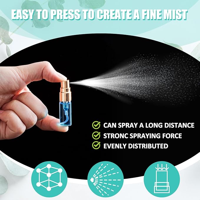 Zhehao 50 Pcs Mini Spray Bottles 3 ml Clear Glass Perfume Bottles Refillable Fine Mist Perfume Atomizer Portable Empty Sample Containers for Cleaning, Essential Oils, Travel (Gold Cap)