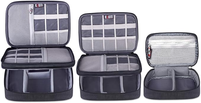 BUBM 3pcs Double Layer Electronic Organizer, Travel Gadgets Bag for Cables, External Flash Drive, Mouse, Memory Card, Power Bank and More, Compact and Multi-purpose, Black