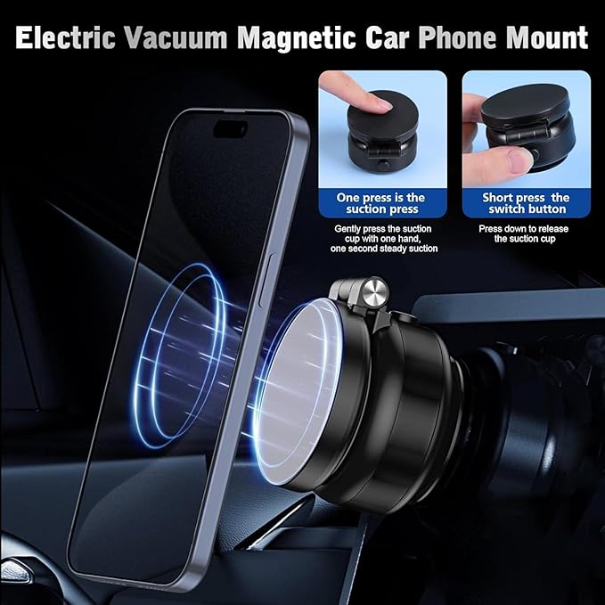 Electric Vacuum Magnetic Car Phone Mount,Vacuum Suction Car Phone Holder Hands-Free,Adjustable Foldable Magnetic Suction Cup Phones Mount,Strong Mag-netic Car Mounts for Smooth Surface (Silver)