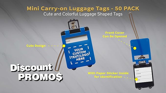 50 Mini Carry-on Luggage Tags Pack - Customizable Text, Logo - Flip Open Cover, ID Sticker - Blue