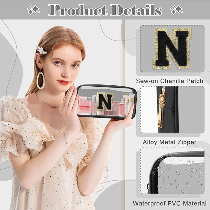 Personalized Initial Letter Clear Makeup Bag,Preppy Small Nylon&PVC Cosmetic Zipper Bag with Chenille Letter,Travel Skincare Toiletry Bag,Monogram Christmas Gift for Teen Girls Women,N