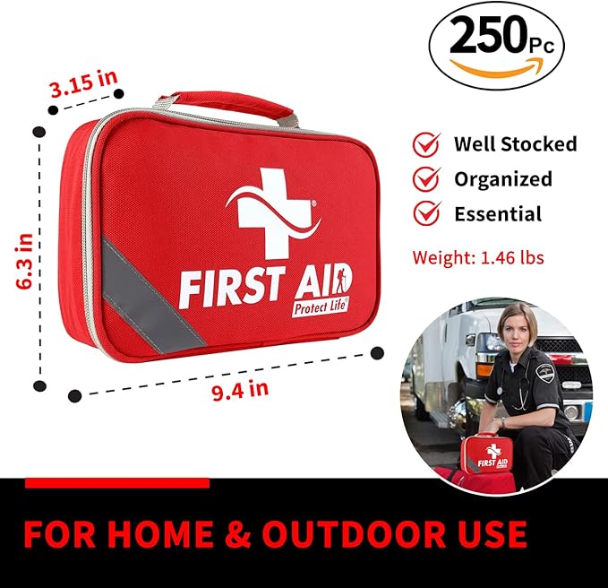 Protect Life First Aid Kit for Home & Business, 250 Pcs - Emergency Medical Kit for Camping & Hiking