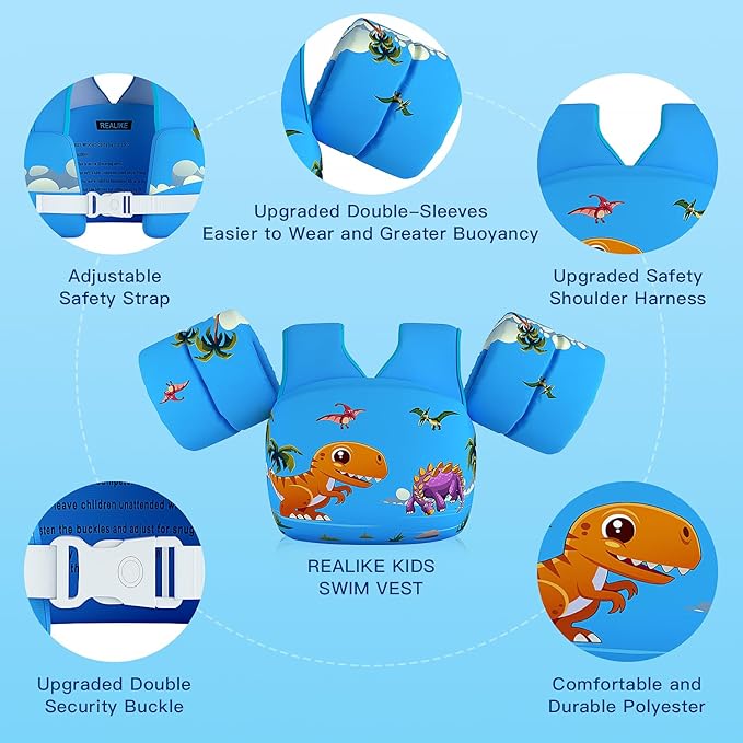 REALIKE Kids Swim Vest for Toddler Floaties Swimming Aids with Shoulder Harness Arm Wings for Children/Infant/Baby,Sea Beach/Pool/Lake, Suitable for 28-70lbs Boys/Girls