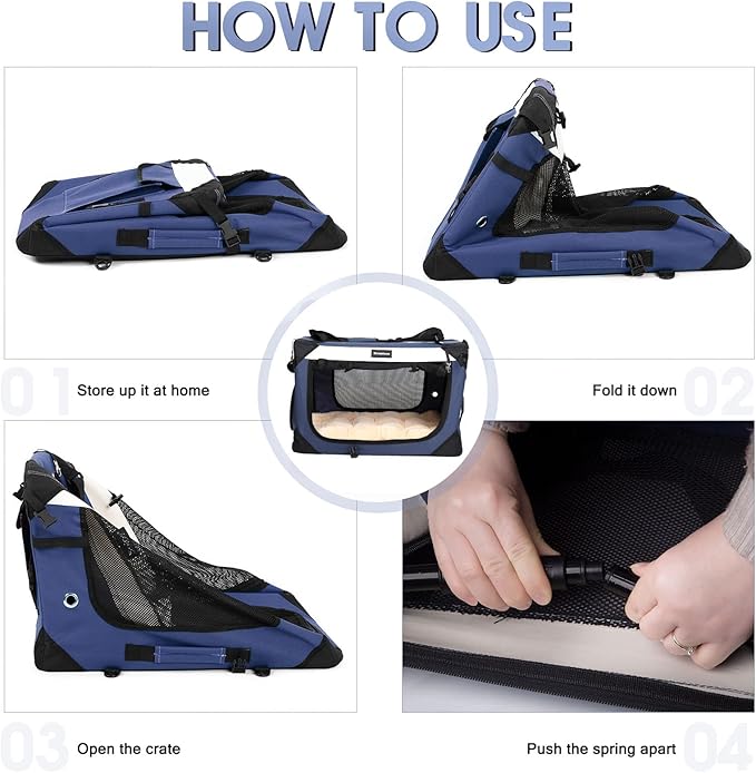 Large Cat Carrier, Collapsible Dog Travel Crate Portable Soft-Sided Pet Carrier with Super Soft Warm Plush Mat for Indoor and Outdoor 24x16x16in,Navy Blue