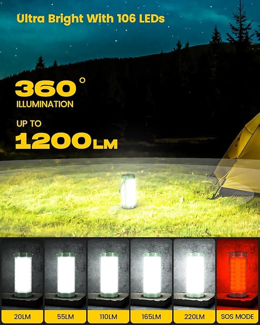Glocusent 106 LED Camping Lantern Rechargeable, Up to 80Hrs, 5000mAh Lantern with 5 Brightness 3 Modes & SOS, IP68 Waterproof, Max 1200LM, Camping Light for Power Outages Hiking Emergency Hurricane