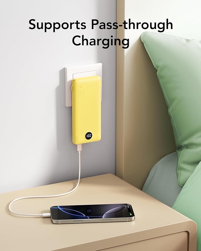 VRURC Portable Charger with Wall Plug, 10000mAh PD 20W Fast Charging Slim Portable Charger Built in Cables Power Bank with Cords,USB C Portable Phone Charger Travel Accessories -Yellow(1 Pack)