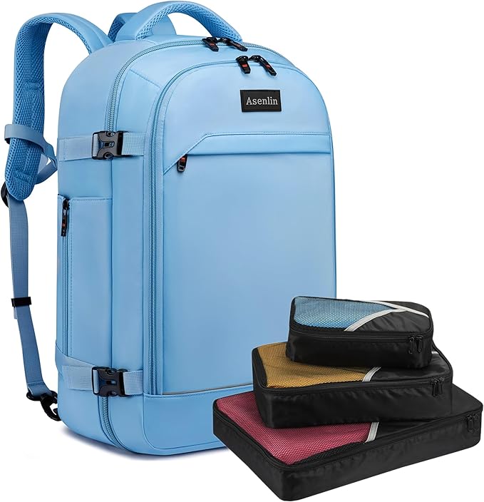 Asenlin 40L Travel Backpack for Women Men，17 Inch Laptop Backpack Flight Approved Luggage Carry On Water Resistant for Weekender Overnight Large Daypack Light Blue