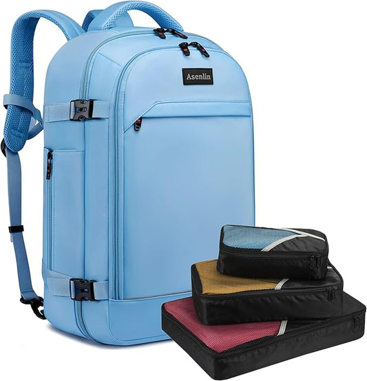 Asenlin 40L Travel Backpack for Women Men，17 Inch Laptop Backpack Flight Approved Luggage Carry On Water Resistant for Weekender Overnight Large Daypack Light Blue