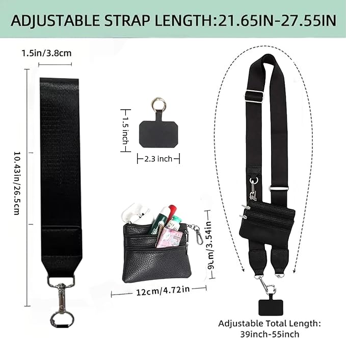 Crossbody Body Phone Holder for Women, New Phone Strap with Zippered Pouch, Adjustable Crossbody Strap (Black)