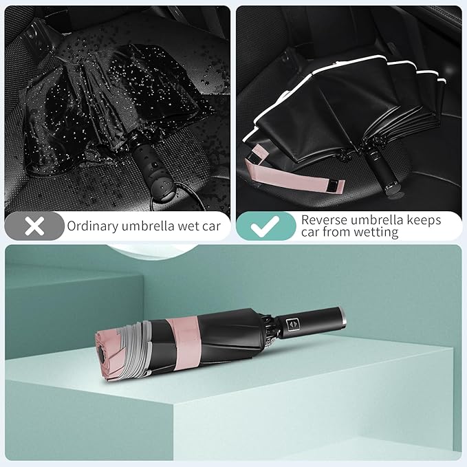 Yoobure Inverted Windproof Travel Umbrella - Automatic Umbrellas for Rain, Compact Folding with Reflective Stripe, Portable Large for Backpack, Lightweight with Sun UV Protection
